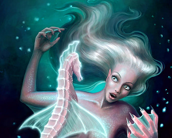Another like me, blue, white, sirena, mermaid, michellepapadopoulos, hand, pink, seahorse, funny, luminos, water HD wallpaper