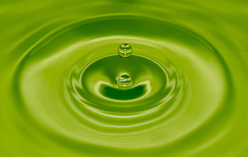 Macro shot of a single water droplet creating ripples on a vibrant green surface. HD wallpaper