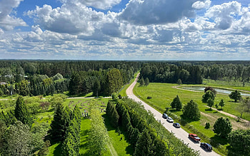 Summer Road in Latvia, clouds, fields, Latvia, road, aerial HD wallpaper