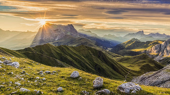 Beautiful Greenery Mountain Grass Stones Rock Hills Under Clouds Blue Sky Sunrays Nature HD wallpaper