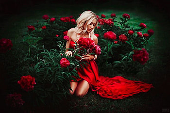 In red , in red, blonde, red passion, sensual pose, red roses, flowers, beauty HD wallpaper