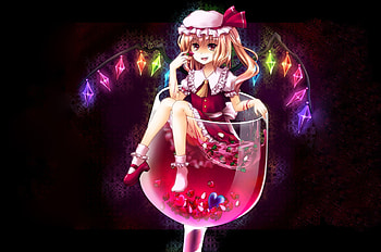 Flandre Scarlet, blond hair, black, strawberry, blonde, glow, cute, wing, short hair, fruit, glasses, blonde hair, water, female, sexy, wings, blond, smile, hot, girl, dark, fairy, anime girl, anime, light, red, touhou, drink HD wallpaper