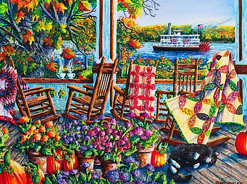 Quilting Around Chautauqua, river, ship, fall, colors, pumpkins, chairs, artwork, leaves, painting, trees, autumn, flowers, veranda HD wallpaper