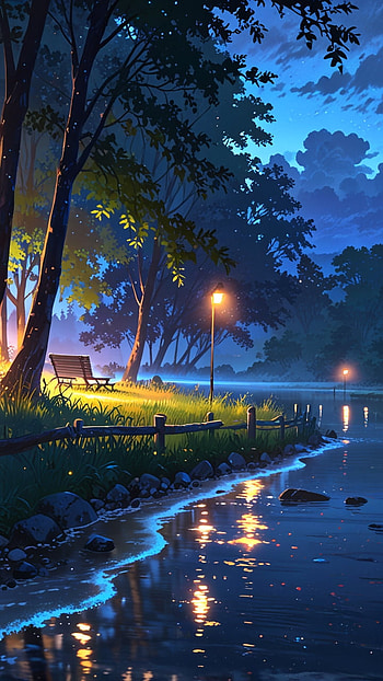 River flowing near the park, Anime, artistic, river, park HD phone wallpaper