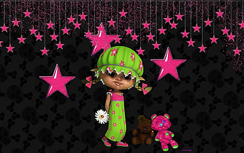 Twinkle, night, white, black, kitty, cute, girl, cat, stars, pink, teddy bear, flower, green, adorable HD wallpaper