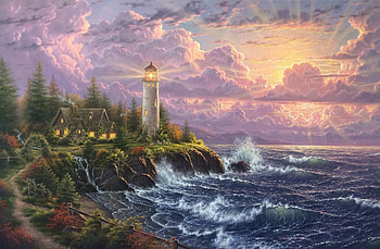 Sunset, sea, lighthouse, abraham hunter, art, summer, painting, pictura, water, vara, wave HD wallpaper