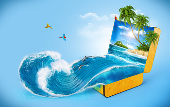 Happy Summer!, blue, island, sea, bird, pasare, palm tree, suitcase, creative, fantasy, yellow, water, parrot HD wallpaper