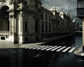 Future City, buildings, crocodiles, city, fantasy, water HD wallpaper