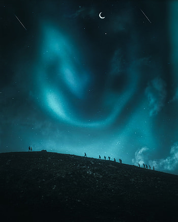 The calm and the hope, darkart, sky, surreal, Moon, night, space, blue, dark, clam, demon, hop, galaxy, lights HD phone wallpaper
