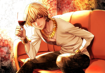 Gilgamesh, chair, blond hair, blonde, cute, red eyes, fate stay night, red wine, short hair, glasses, blonde hair, water, male, handsome, sexy, blond, hot, cup, boy, anime, light, guy, wine, drink HD wallpaper