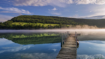 Wood Dock Between River Pier Landscape View Of Green Trees Bushes Forest Under White Clouds Blue Sky Reflection On Water With Fog Nature HD wallpaper