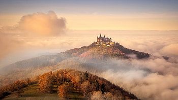 Castle, fog, sunrise, mountain HD wallpaper