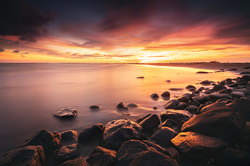 Nature, Sunset, Stones, Horizon, Coast HD wallpaper