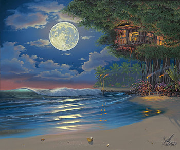 Full Moon Night, sea, art, house, clouds, sky, beach HD wallpaper
