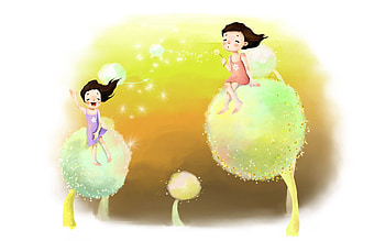 Girls, Dandelions, Miscellanea, Miscellaneous, , Drawing, Positive, Fluff, Fuzz, Wind, Childhood, Joy, Dreams, Reverie, Laugh, Laughter HD wallpaper