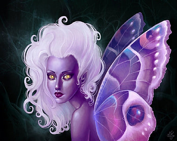 Purple Fairy, fairy, purple, yellow eyes, fantasy, pink hair HD wallpaper