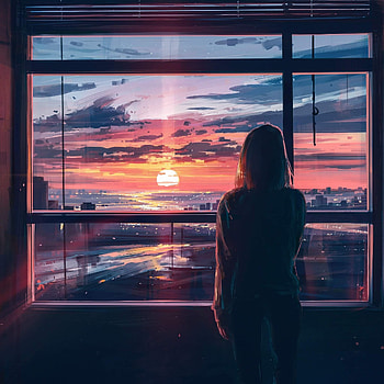 Sunset view at window, woman, art HD phone wallpaper