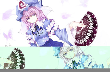 Saigyouji Yuyuko, short hair, girl, dress, hat, fan HD wallpaper