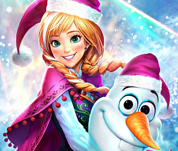 Anna and Olaf, blue, winter, white, frozen, art, disney, girl, orange, pink, fanart, fantasy, princess, anna, NeoArtCorE, olaf HD wallpaper