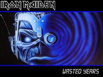 Iron Maiden - Wasted Years, blue, wasted, black, years, robot, iron maiden, iron, band, eddie, heavy, music, logo, machine, maiden, terminator, metal HD wallpaper