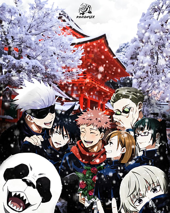Jujutsu kaisen, megumi fushiguro, panda, winter, anime winter, yuji itadori, nobara kugisaki, snow, jujutsu kaisen , gojo satoru, toge inumaki, maki zenin, jujutsu kaisen anime HD phone wallpaper