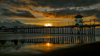 Sunset, sea, reflection, pier, view, nature, ocean, beach HD wallpaper