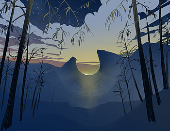 Landscape, Sunset, Art, Mountains, Vector, Sunlight, Sun Rays HD wallpaper