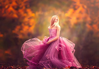Girl, orange, dress, copil, pink, meg bitton, autumn, leaf, child HD wallpaper