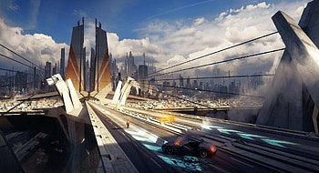 Fantasy, Fire, City, Car, Machine, Skyscrapers, Bridge, Human, Person HD wallpaper
