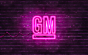 General Motors purple logo, , purple brickwall, General Motors logo, cars brands, General Motors neon logo, General Motors HD wallpaper