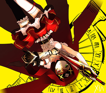 original, parch, yelow, gren eyes, weapon, short hair, blush, dress HD wallpaper