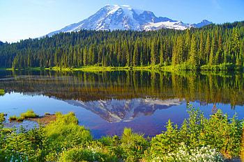 Landscape with mountain and lake, river, beautiful, grass, serenity, tranquil, mountain, lake, reflection, mirrored, nature, sky, peak, clear, lovely, calmness HD wallpaper