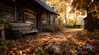 Rustic Fall — Cabin in Golden Leaves, cabin, Autumn, bench, tree HD wallpaper