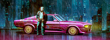 Pink Vintage Car Man Standing Outside, artist, artwork, deviantart HD wallpaper
