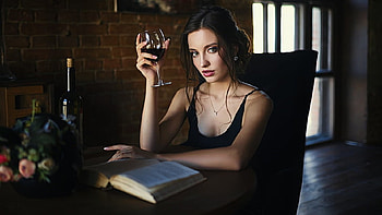 brunette model, sitting, brunette, brick wall, wine glass and bottlw, book, black apparel, jewelry HD wallpaper