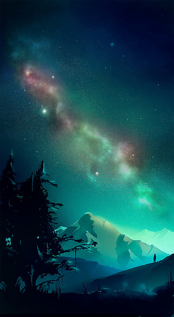 Landscape, Art, Mountains, Night, Vector, Northern Lights, Aurora Borealis HD phone wallpaper