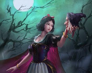 To be or not to be, pink, fantasy, moon, green, girl, nguyen hu haa, snow white, night, halloween, luna HD wallpaper