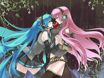 Miku & Luka, aplle, luka, hatsune miku, aqua, miku, pink, wood, eyea, hatsune, megurine, megurine luka, holding hands, hair HD wallpaper