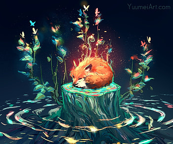 Regrow (detail), blue, art, vulpe, fox, orange, summer, fantasy, yuumei, green, luminos, water, vara HD wallpaper