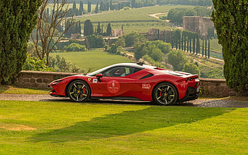 Ferrari, lawn, red, car, fields, trees HD wallpaper