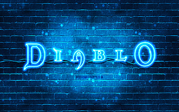 Diablo blue logo, , blue brickwall, Diablo logo, games brands, Diablo neon logo, Diablo HD wallpaper