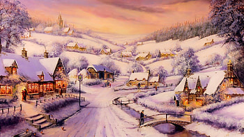 Winter village, winter, frost, art, path, cold, beautiful, houses, painting, snow, view, village, ice, countryside HD wallpaper