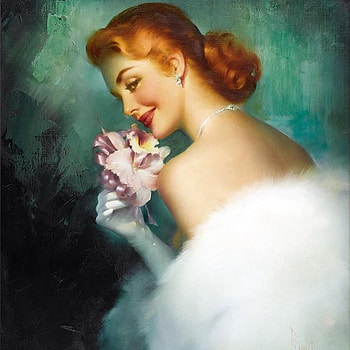 Elegant Barb, model, ribbon, necklace, fur wrap, gloves, red hair, posing, elegant, earrings, painting, flower, orchid, diamonds HD wallpaper