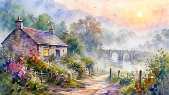 Misty Morning Cottage —, River, Bridge, Garden, Path HD wallpaper