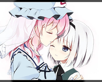 Yuyuko X Youmu, sweet, white, cute, saigyouji yuyuko, yuri, anime girl, anime, love, touhou, youmu konpaku HD wallpaper