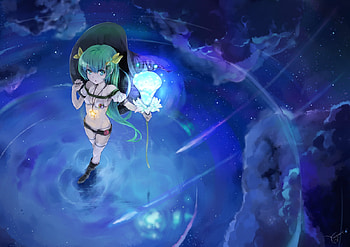 Tagme, night, clouds, green hair, flowers, stars, green eyes, water HD wallpaper