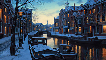 Beautiful Snow Covered Buildings With Lights Boat Tree Bridge Scenery graphy graphy HD wallpaper