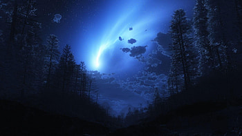 SKY LIGHTS, AGLOW, SKIES, FOREST, LIGHTS, BLUE HD wallpaper