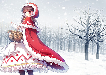Reimu Little Red Riding Hood, winter, cute, long hair, nice, basket, snow, hood, swet, female, white, hakurei reimu, cold, girl, kawaii, anime girl, anime, pretty, brown hair, touhou, reimu, lovely HD wallpaper