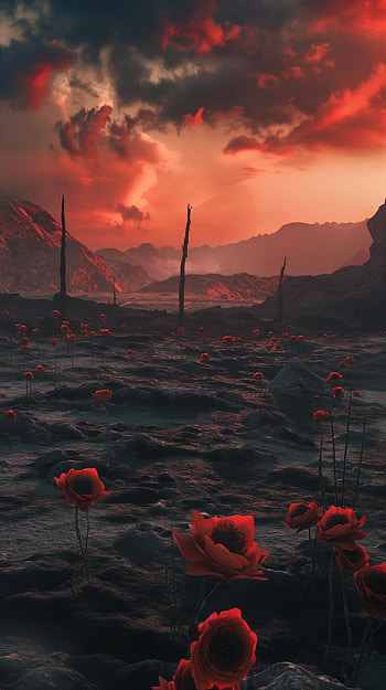 Fiery Sunset Amidst Burnt Landscape with Flowers |, landscape, flower HD phone wallpaper